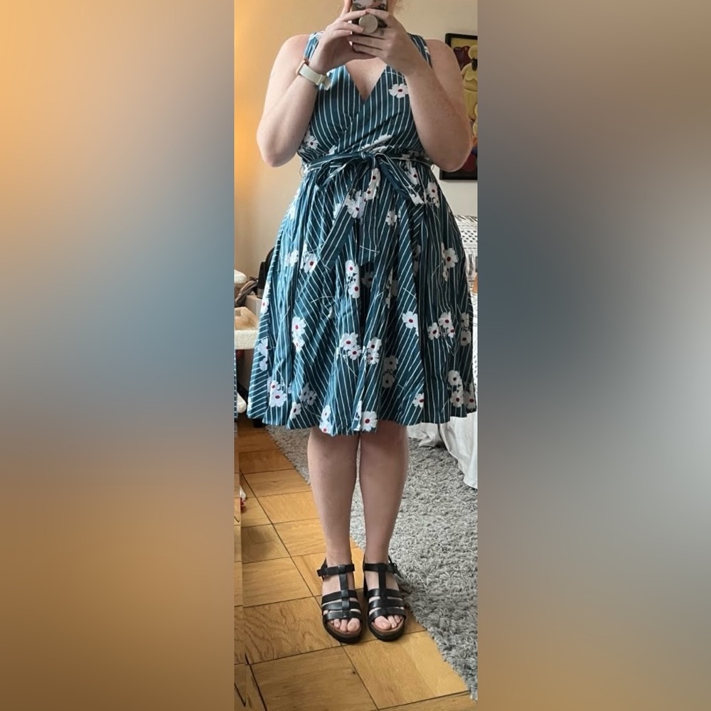 Modcloth Floral/Striped V-cut Tie Dress size 12